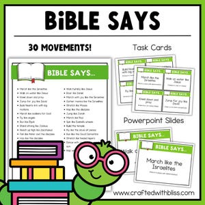 May include: A green and white educational resource titled "Bible Says" with 30 movements. Includes task cards and PowerPoint slides. Features a cartoon caterpillar wearing glasses and a stack of books.