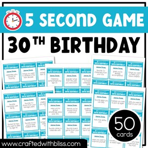 Fiesta de tarjetas para el 30 cumpleaños, juego de 5 segundos, 50 tarjetas para romper el hielo, pensar rápido, imprimible, noche de trivia, regalo para un amigo adulto, hito del trigésimo cumpleaños
