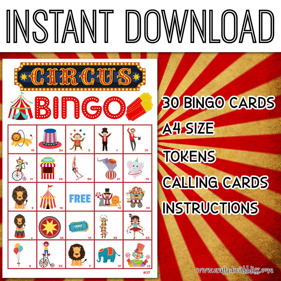 Carnval Bngo Cards, Prntable Crcus Party Game, Ncludes Full And