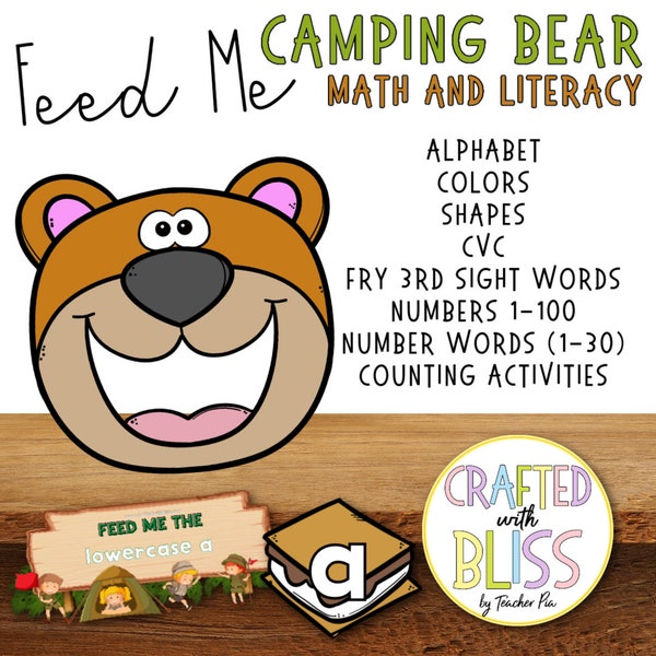 Feed the Bear Camping Theme Feed Me Literacy Center Math Center Camping Birthday Bear Toss Task Cards