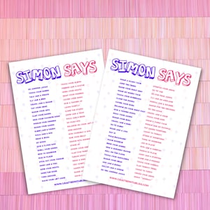 May include: Two printable Simon Says game cards with pink and purple text on a white background. The cards feature a list of actions for a fun game of Simon Says.