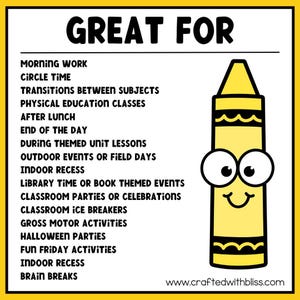 May include: A yellow crayon with a smiling face and large eyes is featured on a yellow background with the words "GREAT FOR" at the top. The image lists various activities such as morning work, circle time, and Halloween parties.