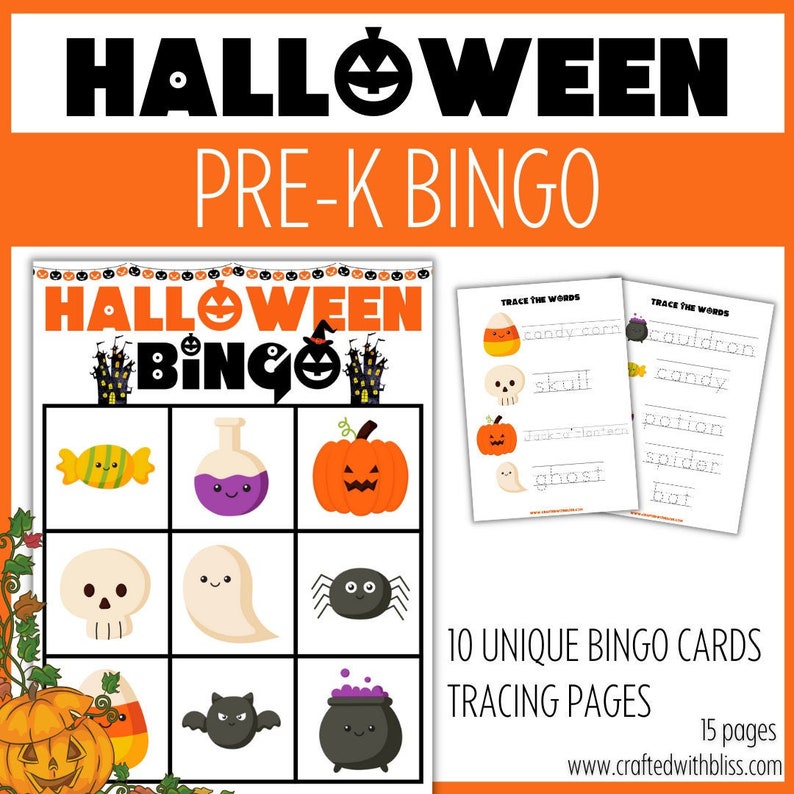 May include: A Halloween-themed bingo game for preschoolers with 10 unique bingo cards and 15 tracing pages. The bingo cards feature various Halloween icons like pumpkins, ghosts, candy corn, and bats. The tracing pages include words like "candy corn", "skull", "ghost", and "bat".