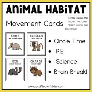 May include: A set of four colorful animal movement cards for kids. Each card features a different animal and a movement action, such as "sniff like an aardvark" or "charge like a bison". The cards are perfect for circle time, P.E., science, or brain breaks.