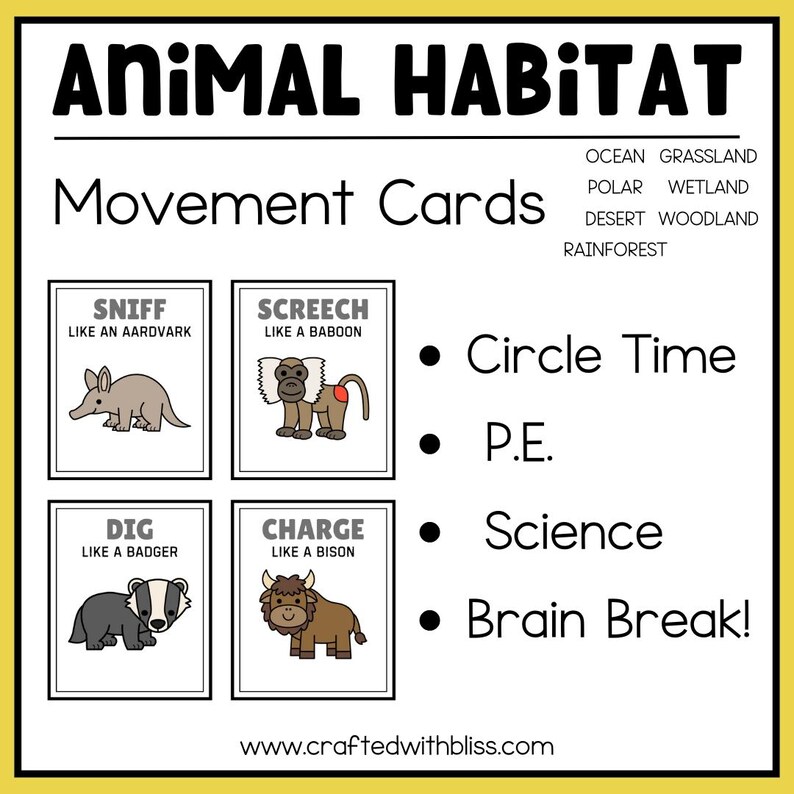 May include: A set of four colorful animal movement cards for kids. Each card features a different animal and a movement action, such as "sniff like an aardvark" or "charge like a bison". The cards are perfect for circle time, P.E., science, or brain breaks.