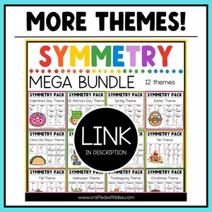 K&ouml;nnte beinhalten: Eine bunte Grafik mit dem Text "Symmetry Mega Bundle" und "12 Themen". Die Grafik zeigt 12 verschiedene Symmetrieaktivit&auml;tspakete, jedes mit einem anderen Thema, wie Valentinstag, St. Patrick's Day, Fr&uuml;hling, Ostern, Cinco de Mayo, Tiki, Herbst, Halloween, Thanksgiving und Weihnachten.
