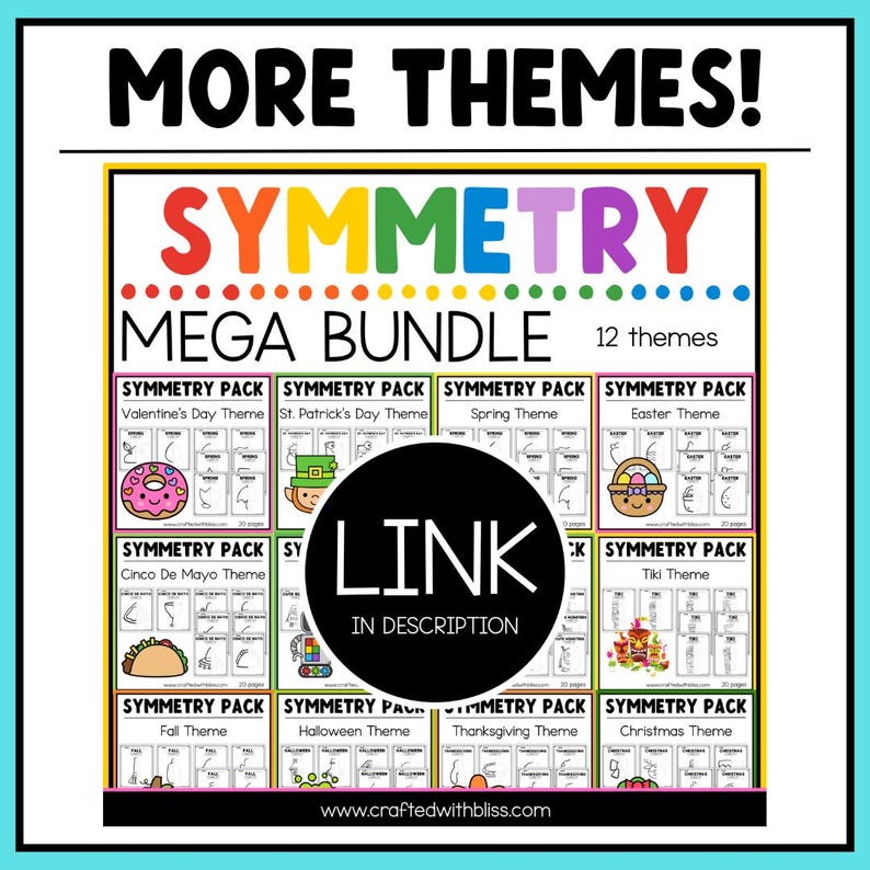 K&ouml;nnte beinhalten: Eine bunte Grafik mit dem Text "Symmetry Mega Bundle" und "12 Themen". Die Grafik zeigt 12 verschiedene Symmetrieaktivit&auml;tspakete, jedes mit einem anderen Thema, wie Valentinstag, St. Patrick's Day, Fr&uuml;hling, Ostern, Cinco de Mayo, Tiki, Herbst, Halloween, Thanksgiving und Weihnachten.