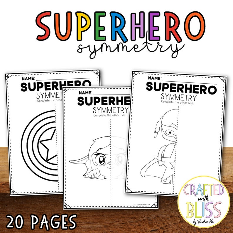 K&ouml;nnte beinhalten: Schwarz-wei&szlig;e druckbare Arbeitsbl&auml;tter f&uuml;r Kinder, um Symmetrie zu &uuml;ben. Die Arbeitsbl&auml;tter zeigen Superhelden-Charaktere und den Text "SUPERHERO SYMMETRY".
