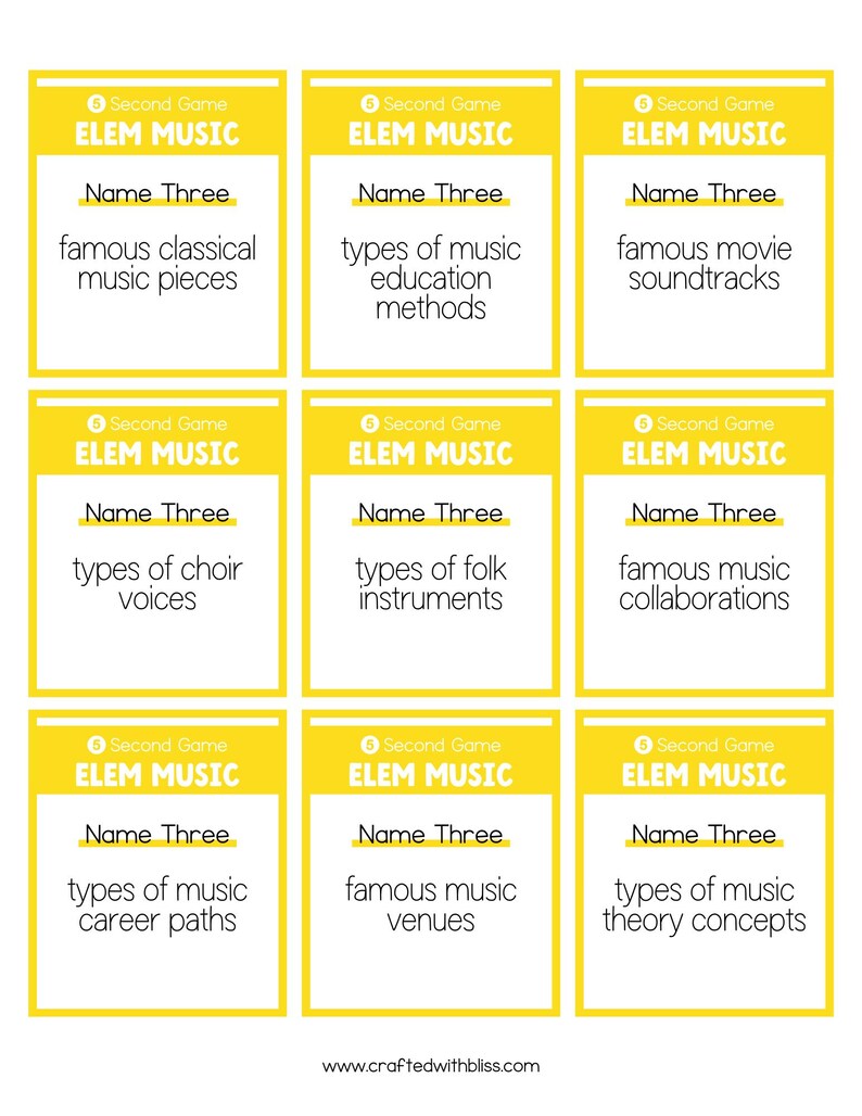 May include: Nine yellow cards with black text. Each card has the title "Elem Music" and the instructions "Name Three" followed by a music-related prompt. The prompts are: famous classical music pieces, types of music education methods, famous movie soundtracks, types of choir voices, types of folk instruments, famous music collaborations, types of music career paths, famous music venues, and types of music theory concepts.