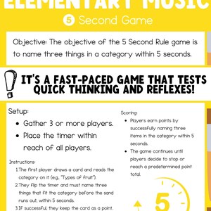 May include: A yellow and black illustrated poster with the title "Elementary Music" and the text "5 Second Game". The poster describes a game where players must name three things in a category within 5 seconds. The poster includes instructions and scoring rules for the game.