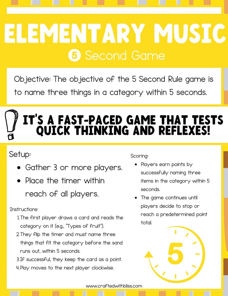 May include: A yellow and black illustrated poster with the title "Elementary Music" and the text "5 Second Game". The poster describes a game where players must name three things in a category within 5 seconds. The poster includes instructions and scoring rules for the game.