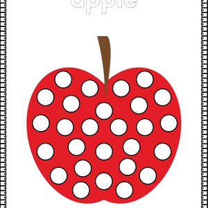 May include: A red apple with white polka dots. The word "apple" is written above the apple.