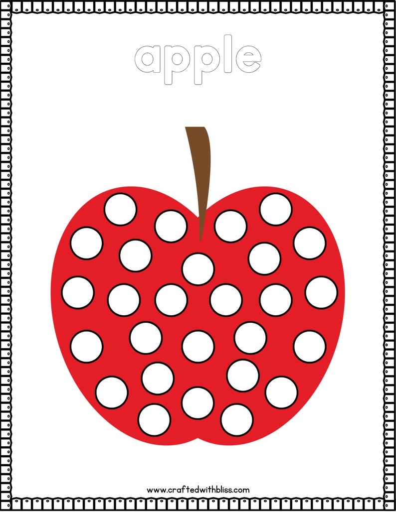 May include: A red apple with white polka dots. The word "apple" is written above the apple.
