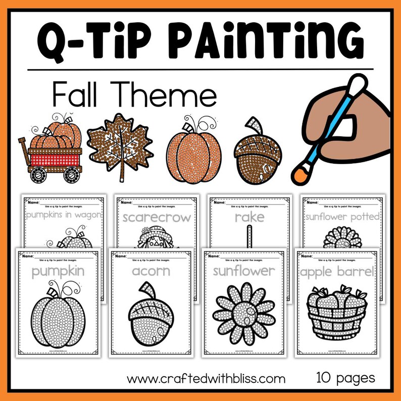 Op de afbeelding: Een Q-Tip Painting Fall Theme activiteitenset met 10 pagina's aan printbare werkbladen. De vellen tonen zwart-witte contouren van pompoenen, eikels, zonnebloemen en appels voor stippelschilderen, met tekstlabels en een illustratie van een wattenstaafje.
