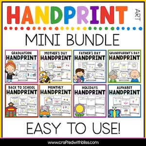 May include: A vibrant graphic with the words "HANDPRINT ART MINI BUNDLE" and illustrations for events such as Graduation, Mother's Day, and Holidays. The design includes the text "EASY TO USE!"