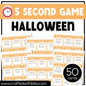 May include: A set of 50 orange and white cards with the text "5 Second Game Halloween" at the top. The cards have various Halloween-themed prompts, such as "Name Three Halloween makeup ideas" and "Name Three Halloween songs".