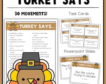 Turkey Says | Fun Thanksgiving Movement Cards Ice Breaker Gross Motor Game