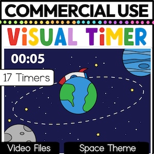 Op de afbeelding: Een digitale afbeelding met de woorden "COMMERCIAL USE" en "VISUAL TIMER" in kleurrijke tekst. De afbeelding heeft een ruimtethema met een raket, de aarde, planeten en sterren. De timer geeft "00:05" en "17 Timers" weer.
