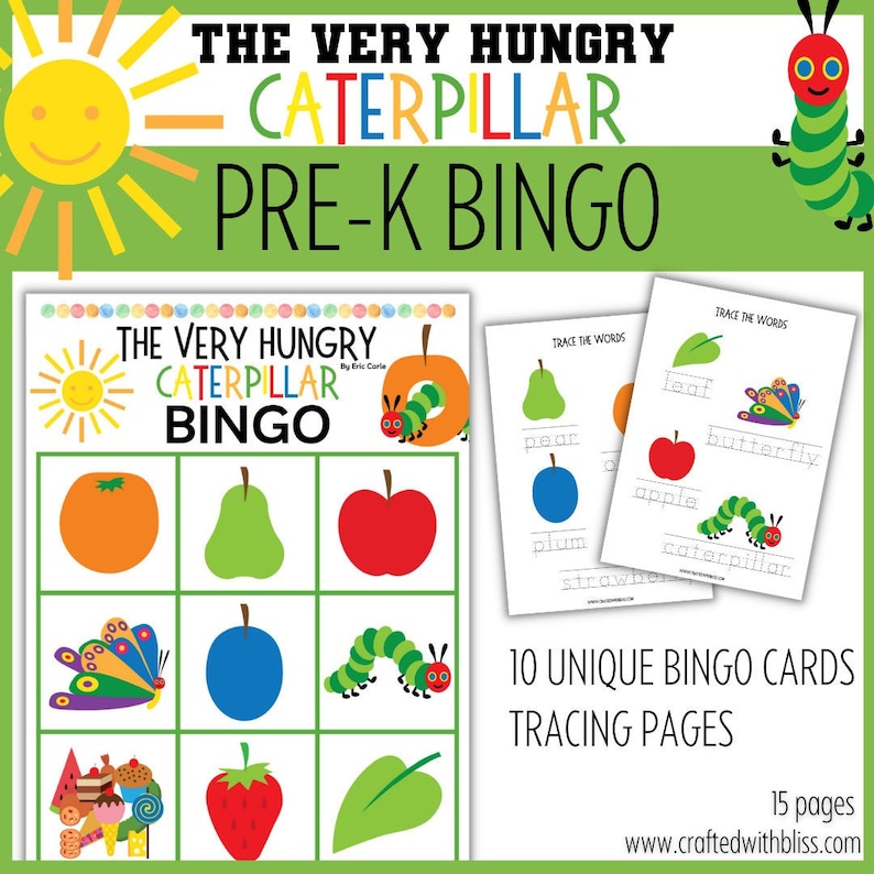 Puede incluir: Un juego de bingo colorido con La Oruga Muy Hambrienta de Eric Carle. La tarjeta tiene im&aacute;genes de un tomate, una pera, una manzana, una mariposa, una ciruela, una oruga, un pastel, una fresa y una hoja. El juego incluye 10 tarjetas de bingo &uacute;nicas y p&aacute;ginas para rastrear.