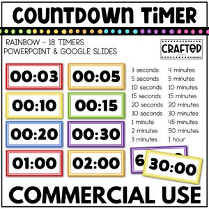 Può includere: Grafica di un timer per il conto alla rovescia colorato con la scritta "COUNTDOWN TIMER" in alto. L'immagine include vari incrementi di tempo in riquadri, da 3 secondi a 1 ora, ed è etichettata per uso commerciale.