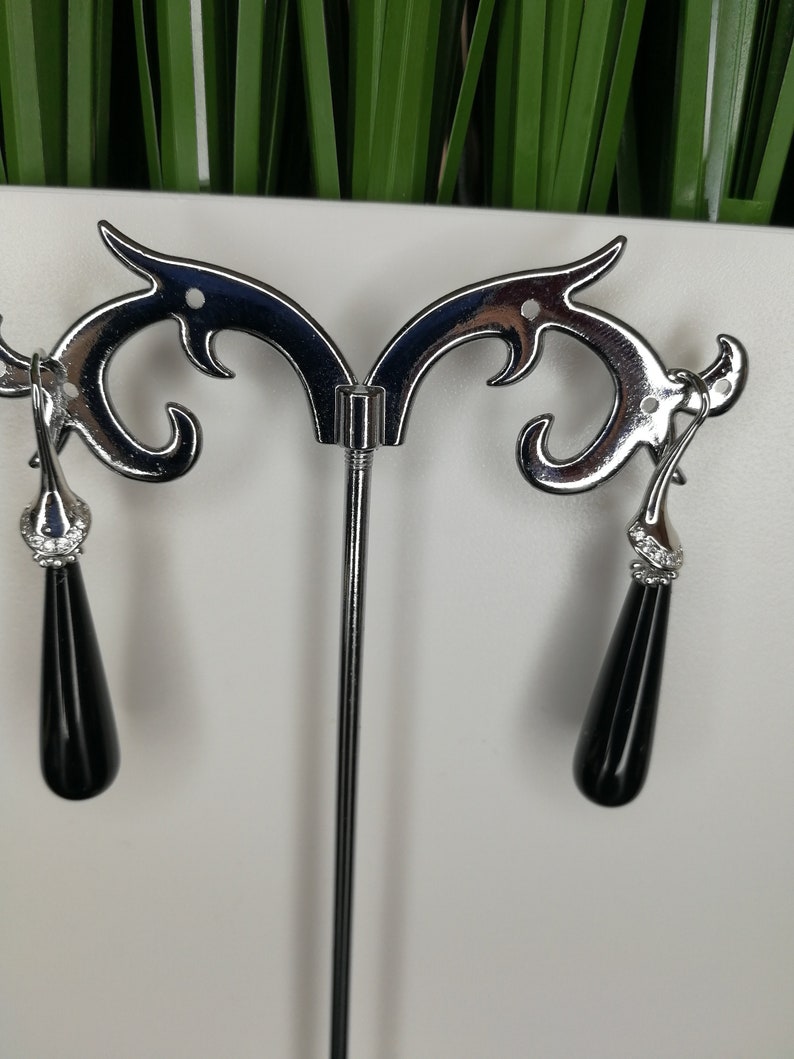 Metal CZ Monachella earrings for Half Silver Hole Rhodium 16 mm with Onyx Black Briolette Smooth Medium Hole 20 x 10 mm