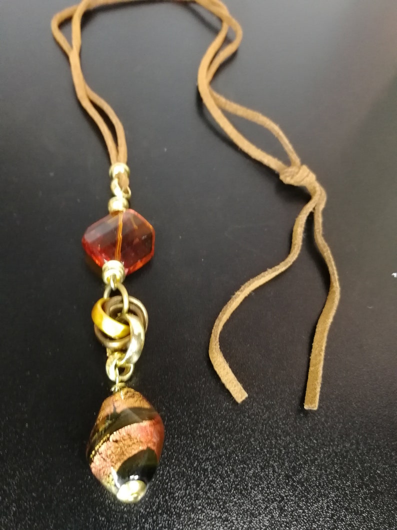 brown leather necklace with colored glass pendant