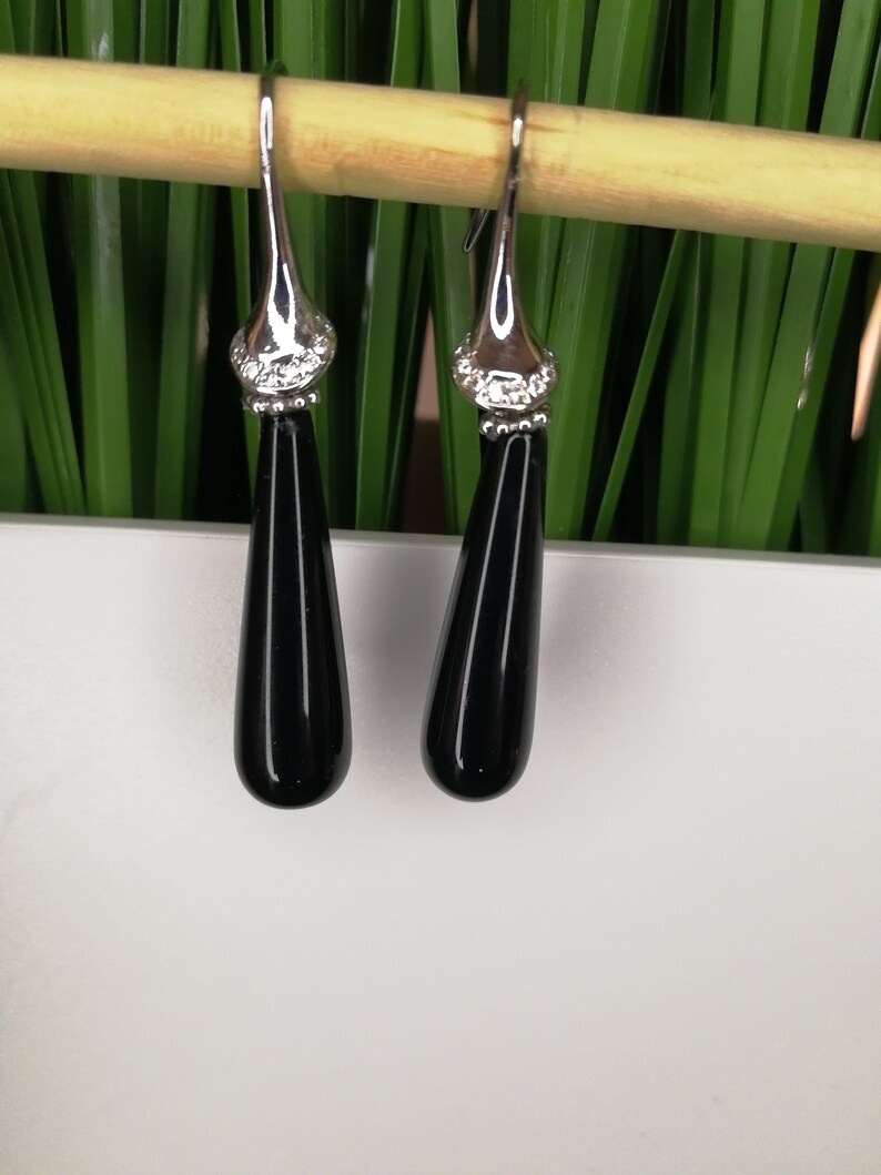 Metal CZ Monachella earrings for Half Silver Hole Rhodium 16 mm with Onyx Black Briolette Smooth Medium Hole 20 x 10 mm
