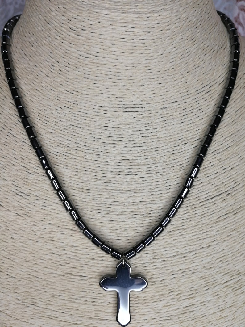 black hematite stone necklace with black hematite stone cross