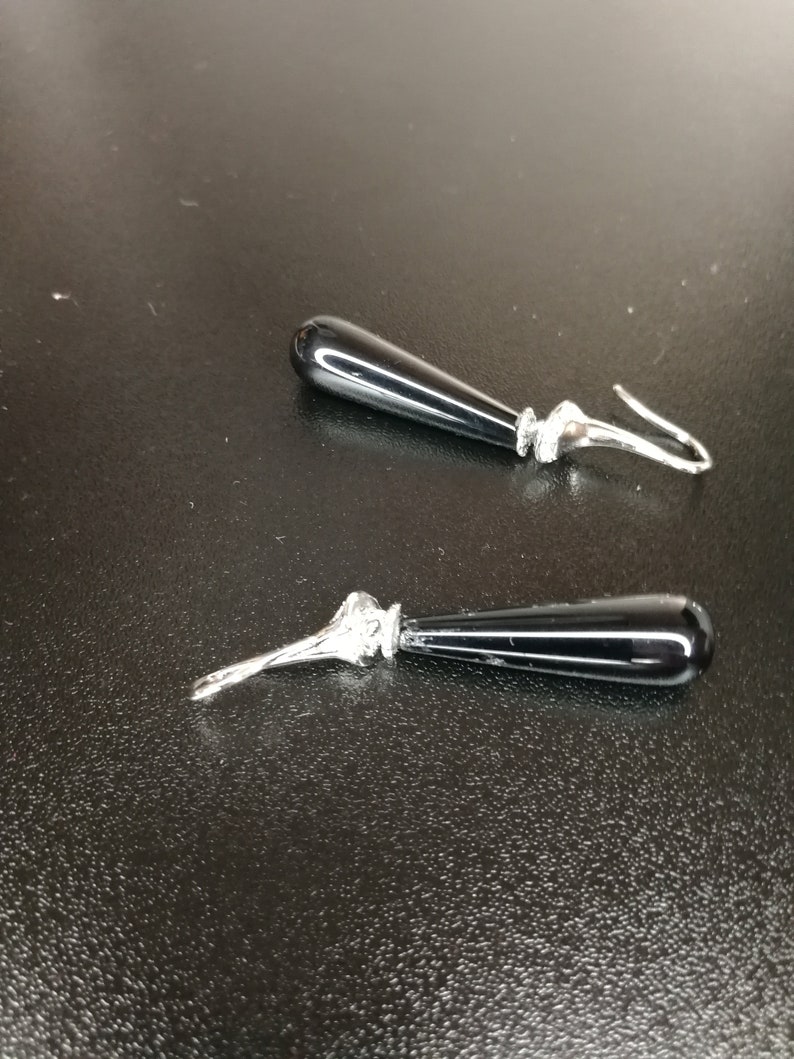 Metal CZ Monachella earrings for Half Silver Hole Rhodium 16 mm with Onyx Black Briolette Smooth Medium Hole 20 x 10 mm