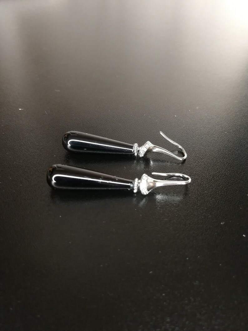 Metal CZ Monachella earrings for Half Silver Hole Rhodium 16 mm with Onyx Black Briolette Smooth Medium Hole 20 x 10 mm