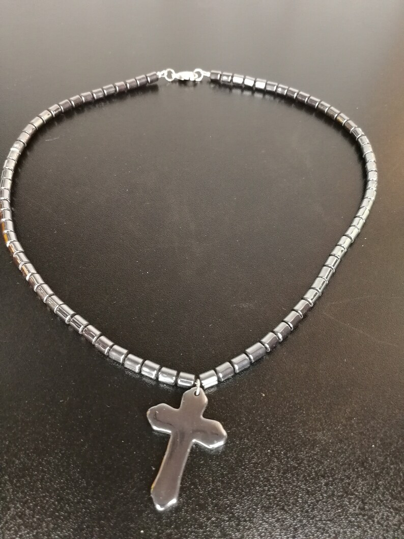 black hematite stone necklace with black hematite stone cross