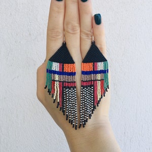 Geometric Miyuki Earrings - Long Fringe Earrings - Colorful Seed Bead Fringe Earrings