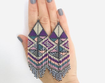 Purple AMA Long Fringe Earrings - Handwoven Miyuki Delica Earrings - Seed Beaded Earrings with Colored Triangles