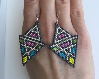 Happy Triangles Miyuki Earrings - Handwoven Miyuki Delica Earrings - Colorful Seed Beads Earrings