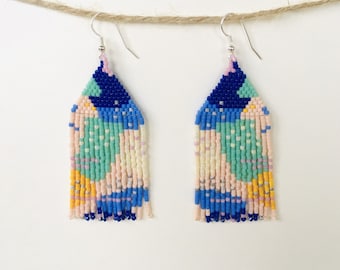 Tropical Miyuki Earrings - Handwoven Colorful Fringe Earrings - Bright Seed Beaded Earrings