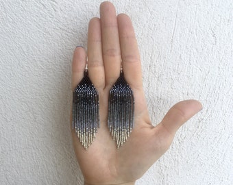 Shades of Gray Fringe Earrings - Handwoven Miyuki Delica Earrings - Seed Bead Fringe Earrings