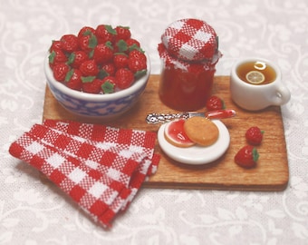 New! Strawberry Board; Introductory Price!  1:12 scale; one-inch scale; Bowl of strawberries; jam; biscuit and jam; handmade; realistic
