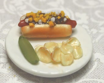 New! Chili Dog and Chips; 1:12 scale; one-inch scale; realistic; handmade; mini picnic food; cook out; cheese and onions