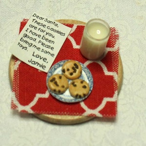 Milk and Chocolate Chip Cookies for Santa; 1:12 scale; one inch scale; Customizable letter to Santa; Glass tumbler of milk; ceramic plate