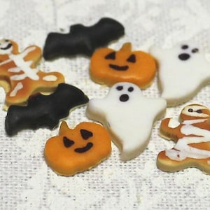 Galletas de Halloween (con forma); escala 1:12; escala de una pulgada; comida de Halloween en miniatura; galletas de fantasmas; calabaza de Halloween