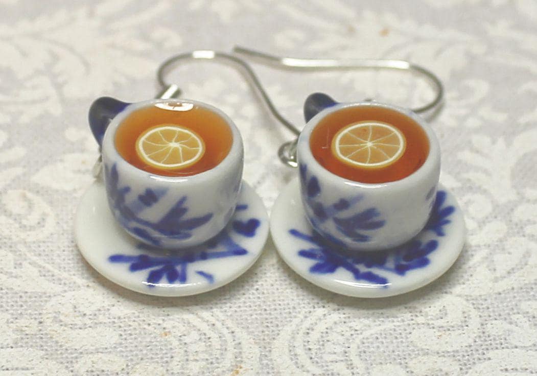 Teacup Earrings; blue and white cups with tea and lemon; hypoallergenic; cups on saucers; food jewelry; food earrings