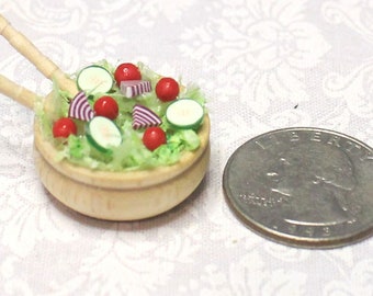 Fresh Salad; 1:12 scale; one inch scale; lettuce; dollhouse miniature food; wooden salad bowl