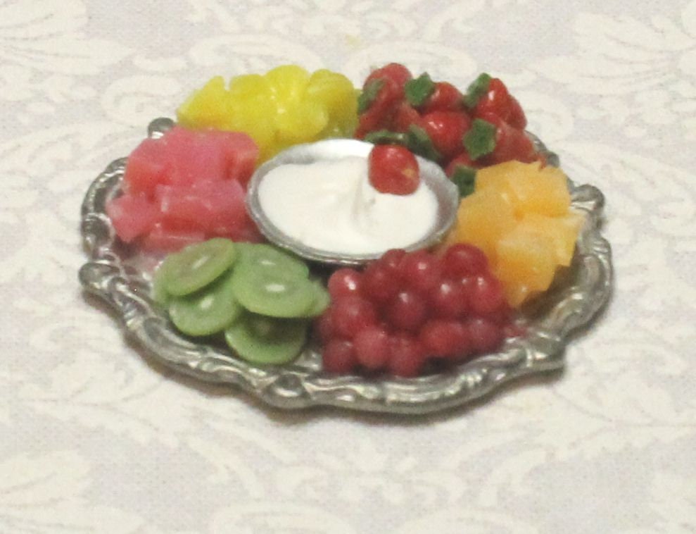 Fresh Fruit Tray; 1:12 scale; one-inch scale; strawberries, pineapple, watermelon, grapes, cantaloupe, kiwi, fruit dip.  Handmade