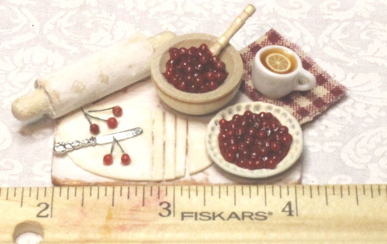 Cherry Pie Prep Board one-inch scale 1:12 scale cup of tea pie mix cherry pie dollhouse miniature food image 3