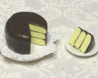 Granny&#39;s Sunday Cake; 1 inch scale; 1:12 scale; yellow cake with chocolate icing; realistic; handmade; 3 layer cake; mini desserts