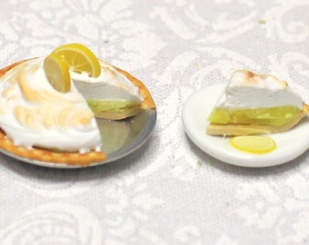 Lemon Meringue Pie with Slice on Saucer; One inch scale; 1:12 scale; Realistic; dollhouse sweets; dollhouse miniatures desserts; mini foods