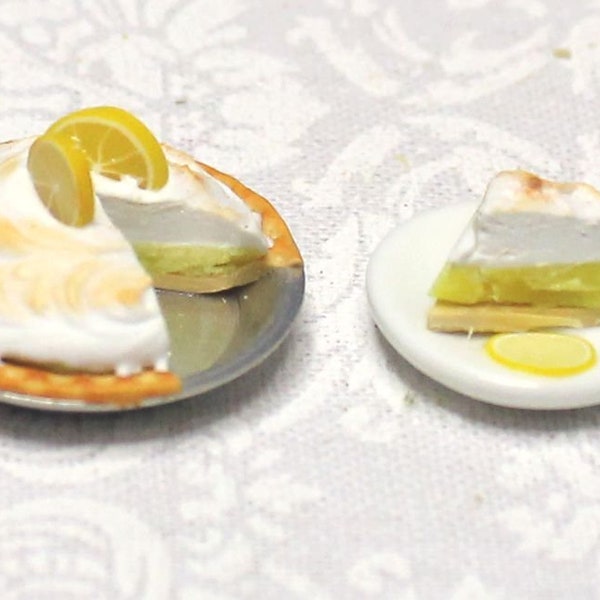 Lemon Meringue Pie with Slice on Saucer; One inch scale; 1:12 scale; Realistic; dollhouse sweets; dollhouse miniatures desserts; mini foods