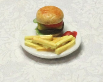Burger & Fries, 1:12 scale; one inch scale; burger with cheese, lettuce, tomato, and pickle; realistic; handmade; hamburger