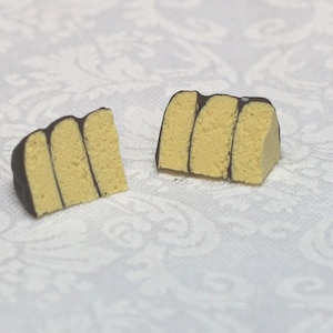 Sliced Yellow Cake with Chocolate Icing; 1:12 scale; one-inch scale; two slices; 3 layers; textured cake; homemade cake; old-fashioned foods