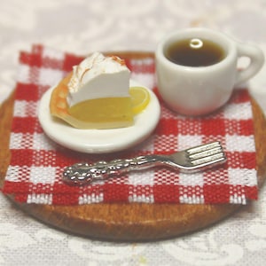 Pie Slice & Coffee; Lemon Meringue Pie; 1:12 scale; one-inch scale; miniature slice of pie; miniature coffee; dessert; dollhouse foods